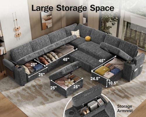 Vipbear 130" Modular Sectional Sleeper Sofa with Pull Out Bed, 9 Seat Chenille U Shaped Couch with Ottoman and Chaise|USB Ports|Cup Holders|Side Table, Tool Free Assembly, Grey
