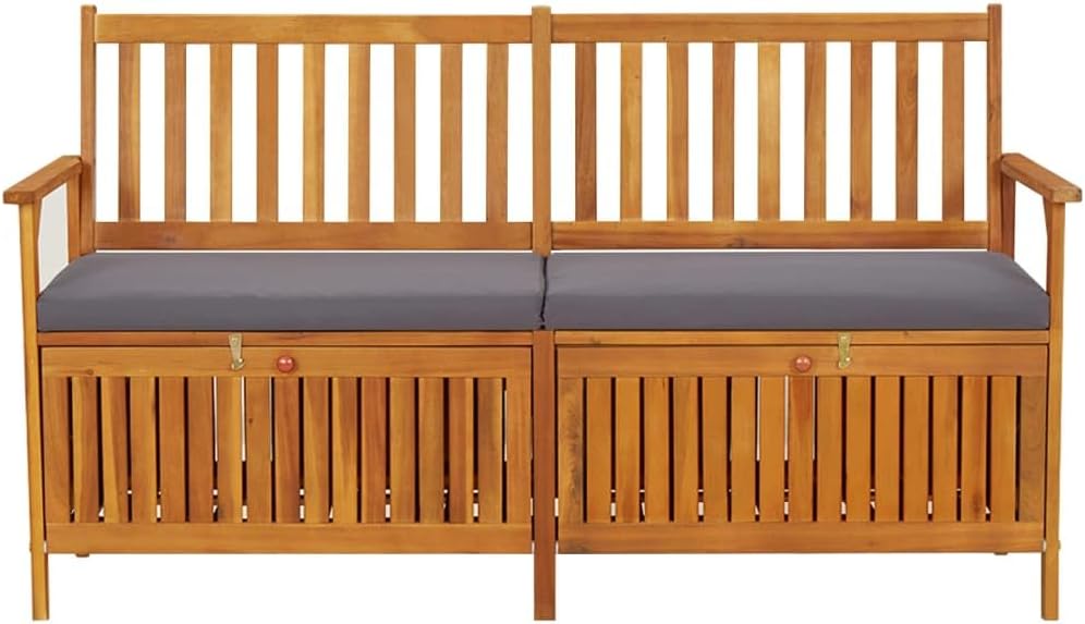 Outdoor Storage Bench with Cushion 58.3 inch Solid Acacia Wood Patio Furniture for Entryway Garden Deck Porch Seating and Organization Dark Gray