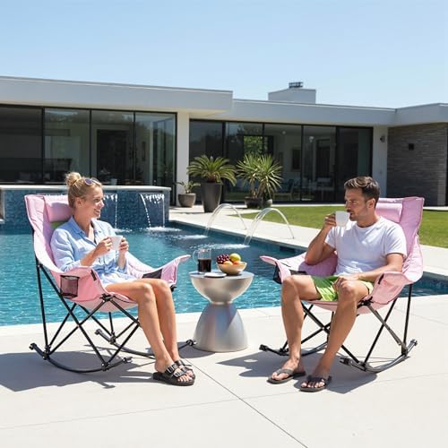 Oversized Rocking Camping Chair for Adults with Headrest, Portable Rocking Chair with Cup Holder, Side Pocket & Carry Bag, Heavy Duty Outdoor Rocker Chair for Camp, Patio, Pink