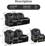 Power Recliner Set with LED Lights, Air Leather Reclining Set with USB Port/Wireless Charger/Storage Console/Cup Holder for House/HomeTheater/Apt (Black, Sofa Loveseat Chair)