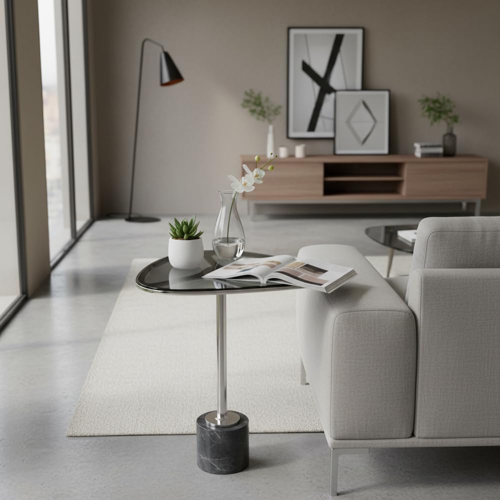 Modern Day Accents 3741 Moderna End Table, Marble and Glass Side Table with Polished Aluminum Frame, Egg-Shaped Smoked Glass Top, Entry Table, Black Marble, Contemporary End Tables, 22.25" H