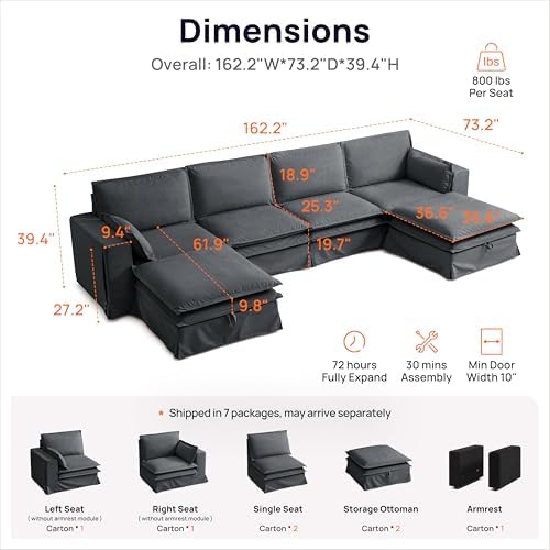 162" Washable Oversized Modular Sectional Sofa Couches for Living Room,Grey | Waterproof Performance Fabric, Cloud Couch Sectional with Fully Removable Cover, 4-Seater with 2 Storage Ottoman, U-Shaped