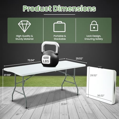 6FT White Plastic Folding Table Heavy Duty Tables Set of 1 | HDPE Tabletop Fold-in-Half Portable Utility Foldable Carrying Handle for Party Picnic Dining Office Event Indoor & Outdoor
