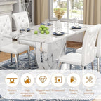 Modern Faux Marble Dining Table Set for 6, 63" White Rectangular Kitchen Table with Elegant U-Shaped Pedestal Base & 6 Tufted Upholstered High-Back Chairs, Luxury 7-Piece Dining Room Furniture Set