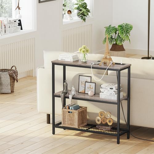 Snughome 3 Tier Narrow 29.5" Console Table with Power Outlets (Grey) | Thin Sofa Side Display Table, Small Entryway Table with 2 USB, 2 Power Outlets, Behind Couch Table, for Living Room, Hallway