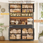 HOSTACK 75" Tall Kitchen Pantry Storage Cabinet, 45" W Hutch Cabinet, Black | Farmhouse Pantry Cabinet with Charging Station / LED Lights / Countertop, Wood Kitchen Hutch with 2 Drawers for Dining Room