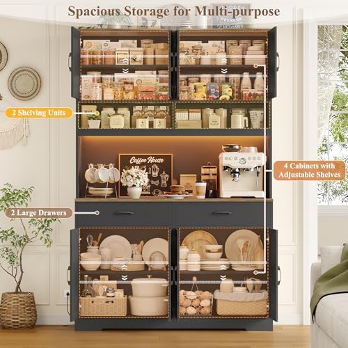 HOSTACK 75" Tall Kitchen Pantry Storage Cabinet, 45" W Hutch Cabinet, Black | Farmhouse Pantry Cabinet with Charging Station / LED Lights / Countertop, Wood Kitchen Hutch with 2 Drawers for Dining Room