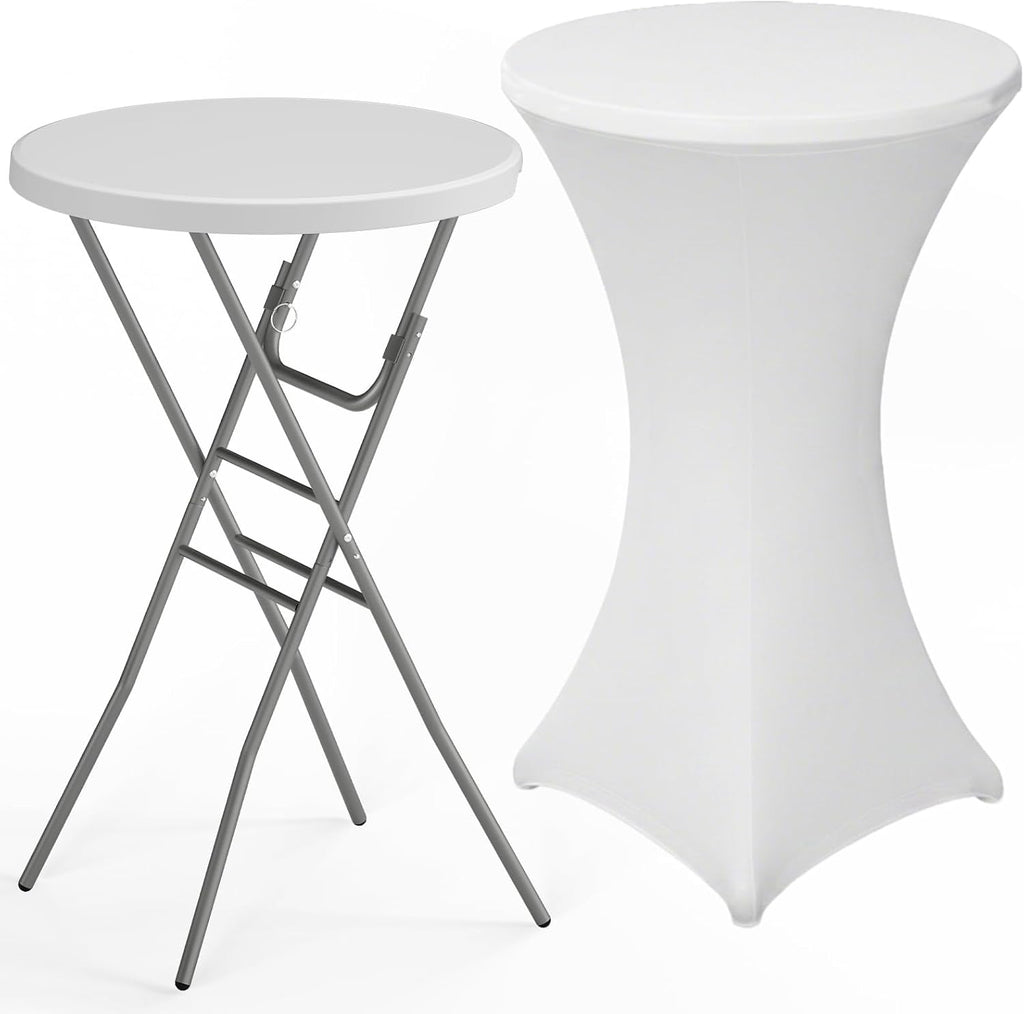 28" Round Folding Table with Cover, Foldable Cocktail Table with Handle | Bar Height Table with Removable Legs, High Top, Indoor Outdoor for Parties, Patio, Backyard, Wedding, Dining, White