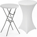 28" Round Folding Table with Cover, Foldable Cocktail Table with Handle | Bar Height Table with Removable Legs, High Top, Indoor Outdoor for Parties, Patio, Backyard, Wedding, Dining, White