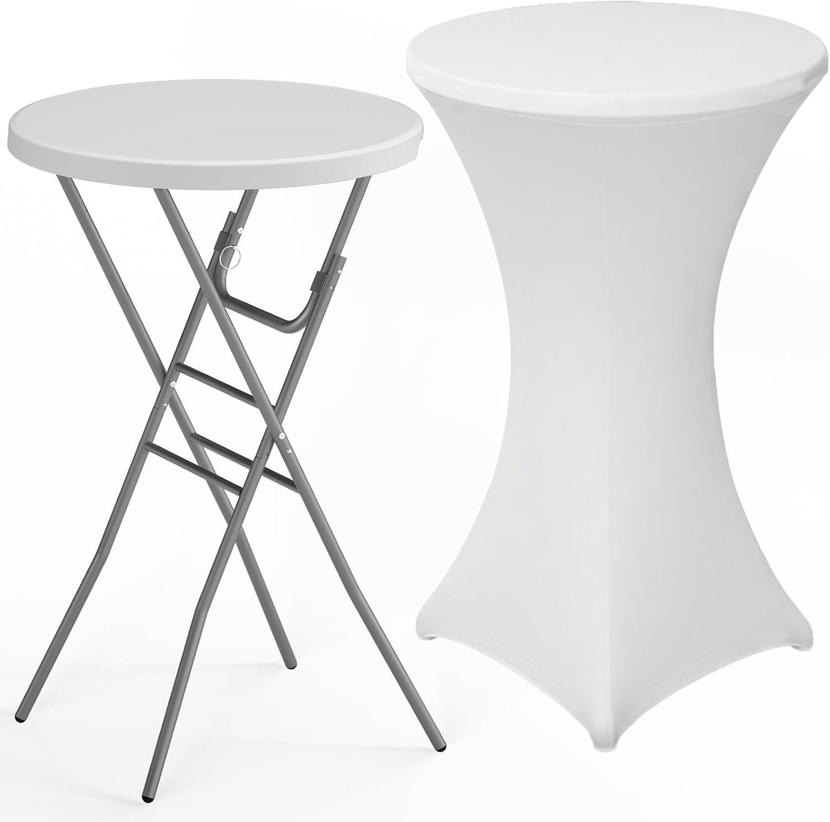 28" Round Folding Table with Cover, Foldable Cocktail Table with Handle | Bar Height Table with Removable Legs, High Top, Indoor Outdoor for Parties, Patio, Backyard, Wedding, Dining, White