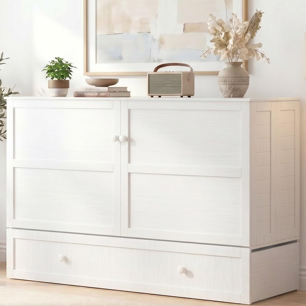 Mjkone Murphy Bed Cabinet Queen with Tri-Fold Mattress Included & USB Charging Station, Modern Versatile Solid Wood Chest Cabinet Wall Bed with Drawers, Adult Guest Beds for Apartment Bedroom - White