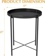 DDK 17" Round Metal Side Table with Removable Tray Top, Black Accent Table with X-Brace Frame, Indoor Outdoor End Table for Living Room Bedroom Patio Balcony