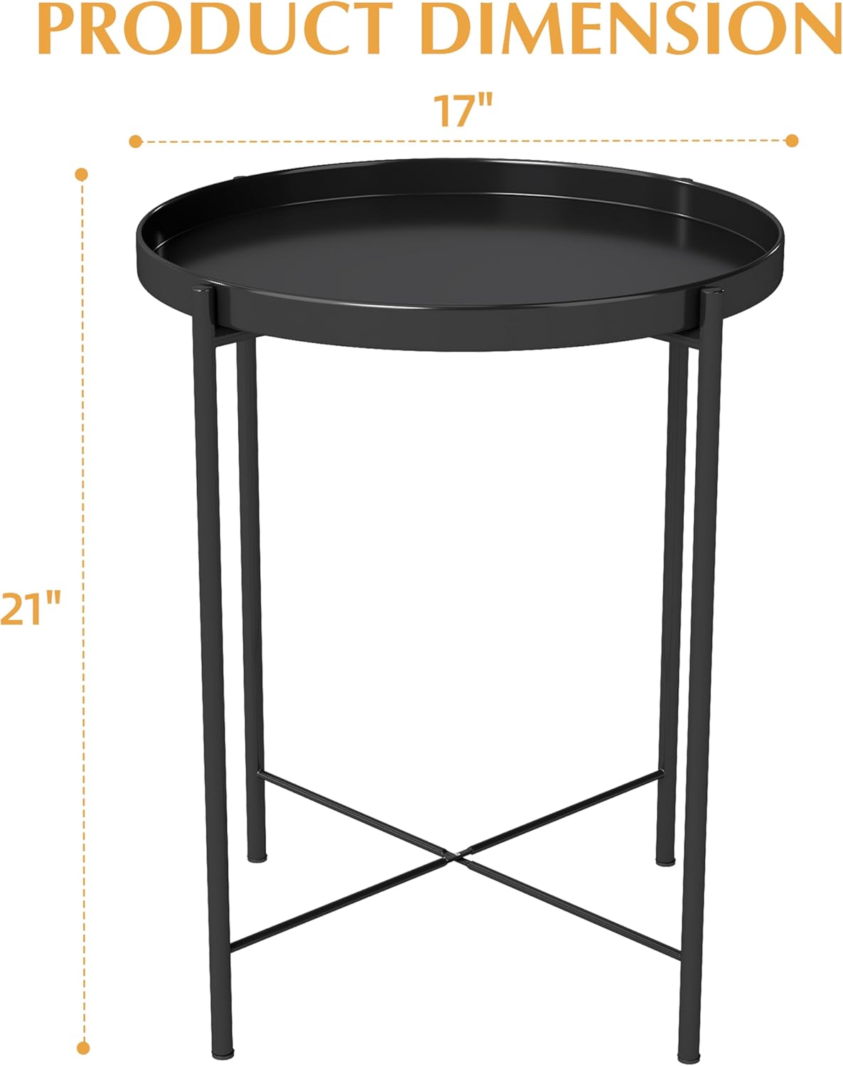DDK 17" Round Metal Side Table with Removable Tray Top, Black Accent Table with X-Brace Frame, Indoor Outdoor End Table for Living Room Bedroom Patio Balcony