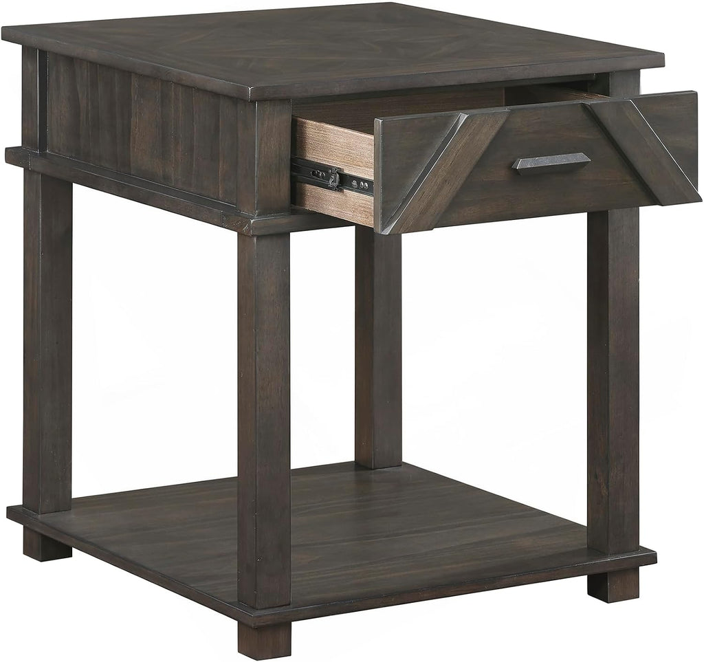 Lexicon Rectangle Wood End Table with Drawer and Lower Open Shelf, Pine Wood Veneer Small Side Table for Contemporary Living Room/Bedroom, Easy Assembled, Brown