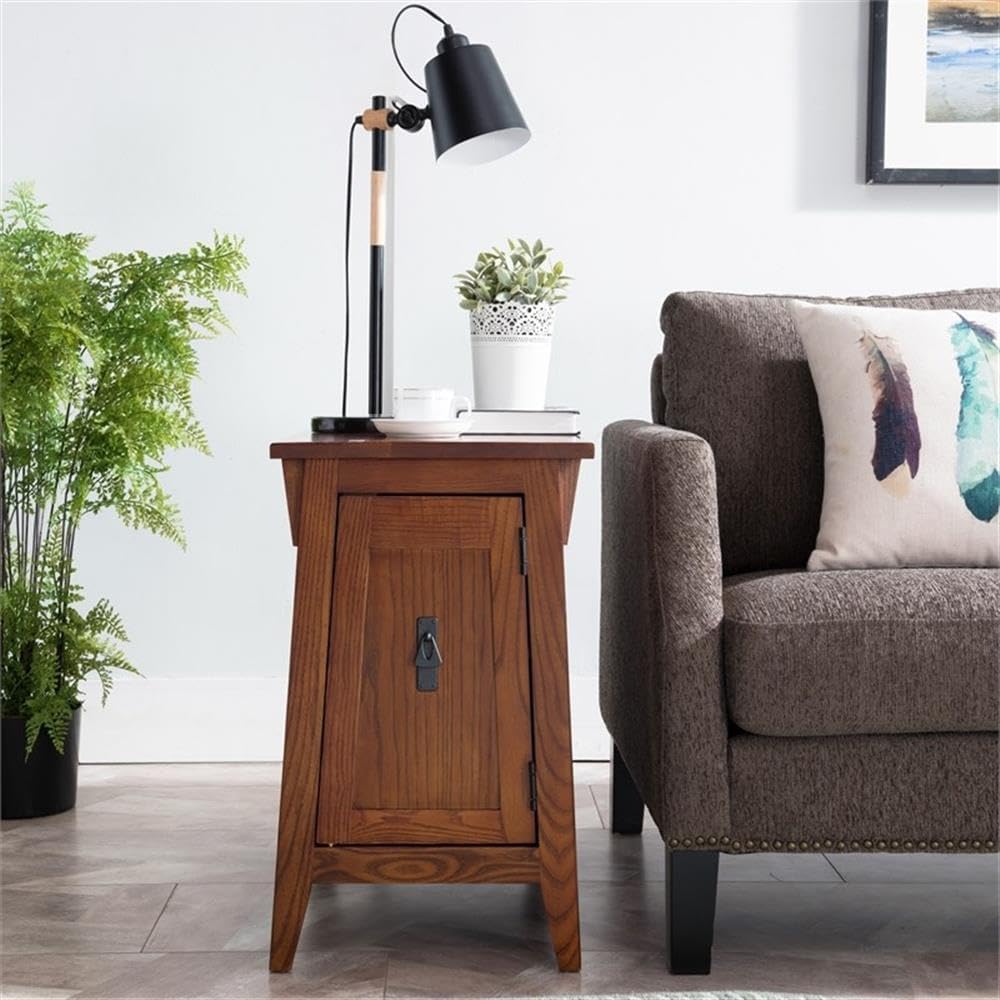 MAKLAINE Mission Cabinet Wood End Table, 24" H x 15" W x 24" D, Solid Ash Top with Oak Veneers, Hand Applied Russet Brown Finish, Concealed Storage Cabinet with Shelf, Living Room Furniture