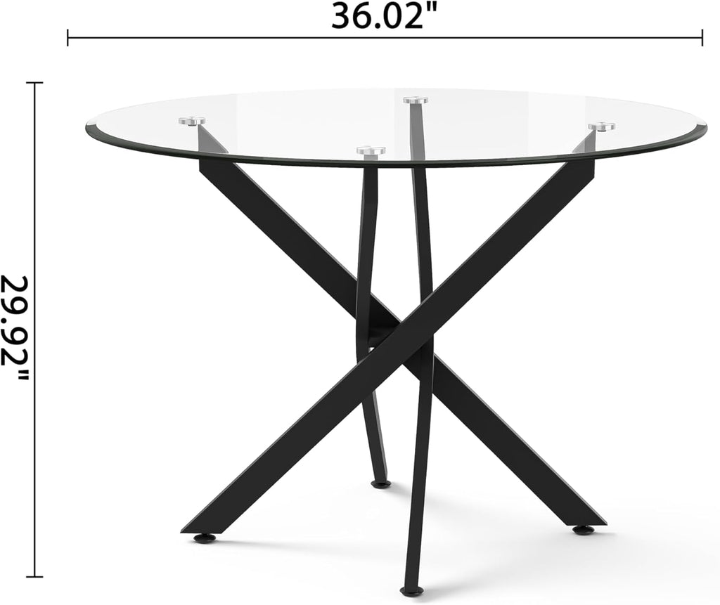 AF ARTISAN FURNITURE 36” Round Glass Dining Table for 4, Clear Tempered Glass Kitchen Table with Black Metal X Legs, Small Round Dining Table for Apartment, Dining Room & Bistro