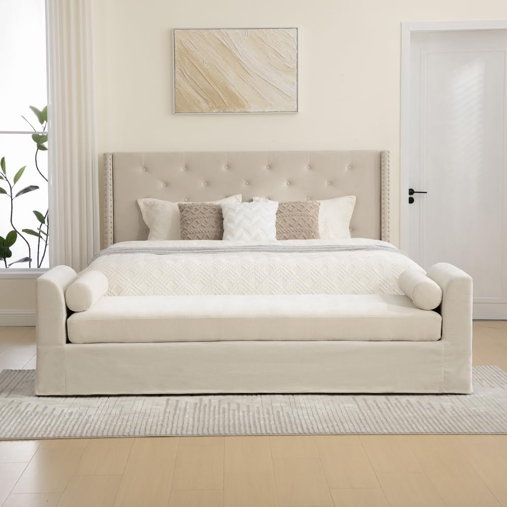 88.58" Chenille End of Bed Bench Chaise Lounge, Upholstered Bedroom Bench with Armrests & Bolster Pillows, PVC Legs for Living Room Entryway Apartment Dorm (88.58", Beige)