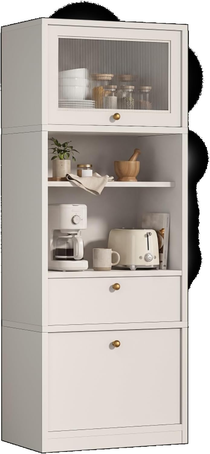 71" Freestanding Kitchen Pantry Cabinet Tall Food Pantries w/Doors&Cabinets for Dining Room, Modern Kitchenware Server Utility Organizer w/Adjustable Shelves,Microwave Stand & Open Countertop for Home