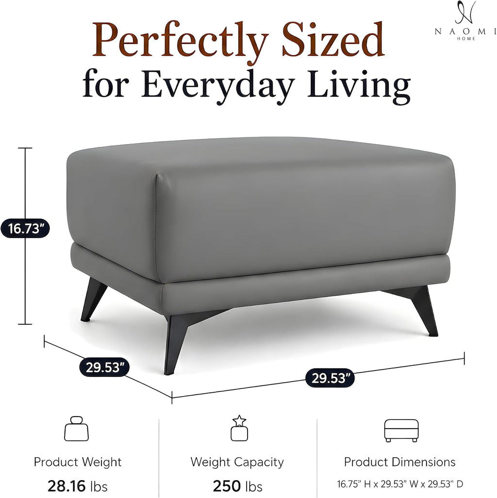 Naomi Home Dora 29.5" Square Ottoman | Synthetic Leather Footstool, Couch Footrest & Extra Seating for Living Room, Gray
