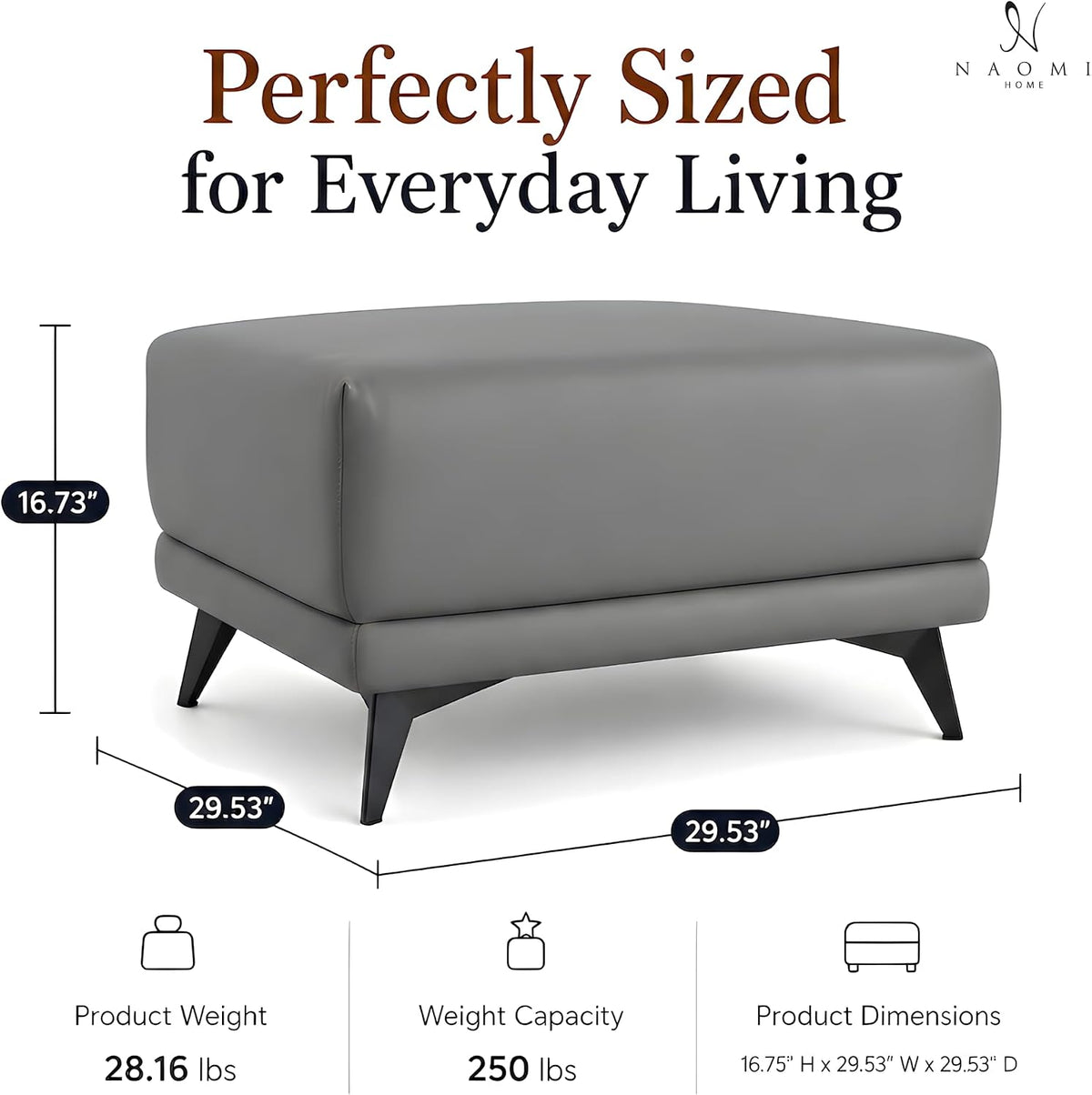 Naomi Home Dora 29.5" Square Ottoman | Synthetic Leather Footstool, Couch Footrest & Extra Seating for Living Room, Gray