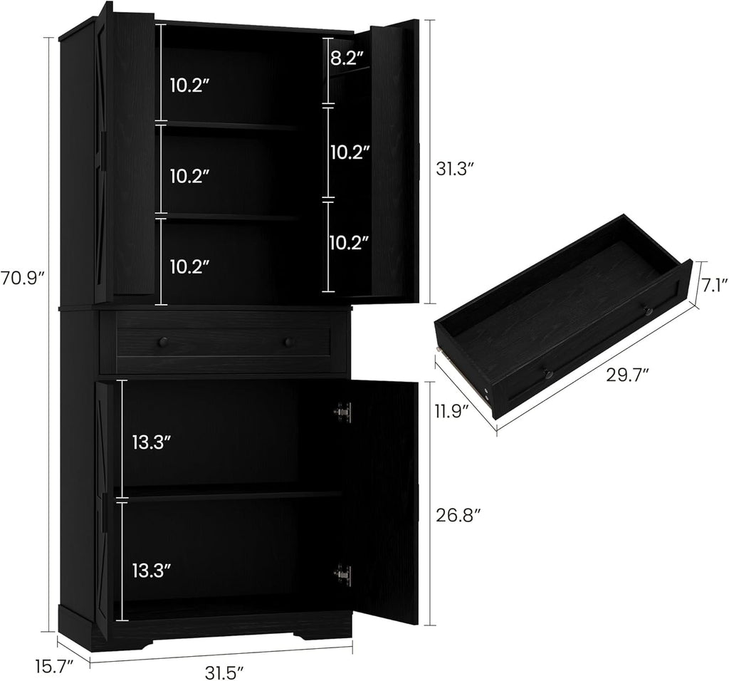 Garvee 71" Kitchen Pantry Cabinet, Barn Door Freestanding Cupboard with Drawer, Sliding Storage Rack, and 6 Hanging Shelves for Kitchen, Dining Room, Living Room Bedroom
