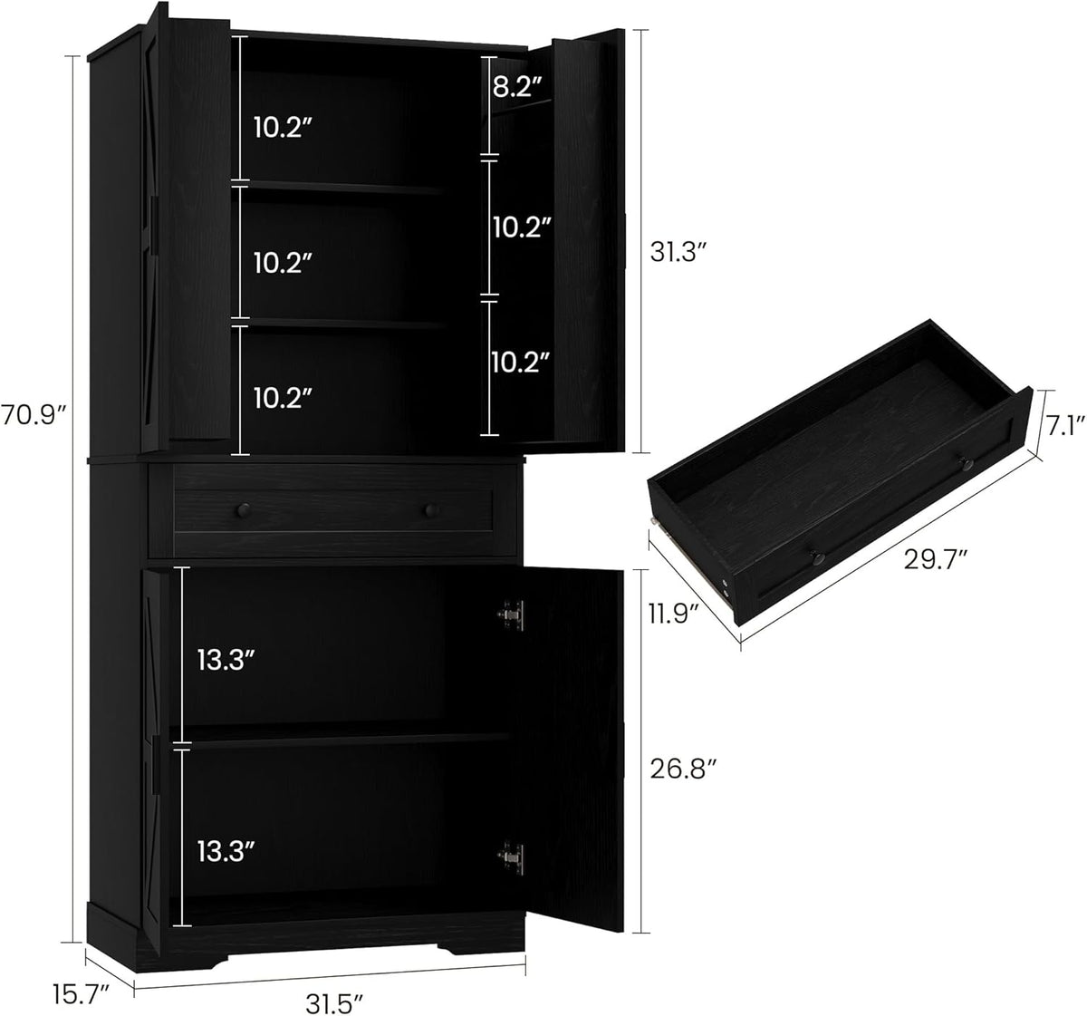 Garvee 71" Kitchen Pantry Cabinet, Barn Door Freestanding Cupboard with Drawer, Sliding Storage Rack, and 6 Hanging Shelves for Kitchen, Dining Room, Living Room Bedroom