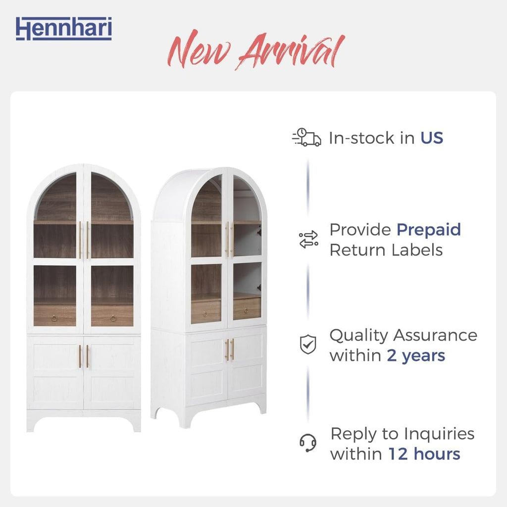 71" Tall Storage Cabinet with Arched Glass Doors, Pantry Cabinet with Solid Doors & Adjustable Shelves, Freestanding Kitchen Display Cabinet for Dining Room, Living Room (White)