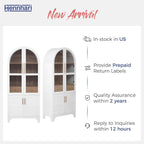 71" Tall Storage Cabinet with Arched Glass Doors, Pantry Cabinet with Solid Doors & Adjustable Shelves, Freestanding Kitchen Display Cabinet for Dining Room, Living Room (White)