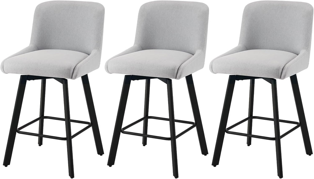 SAECKBERG Swivel Bar Stools Set of 3, 26''H Upholstered Barstools with Backs, Modern Counter Height Bar Stool Chairs for Kitchen Island, Metal Legs, Light Gray Fabric Counter Stools