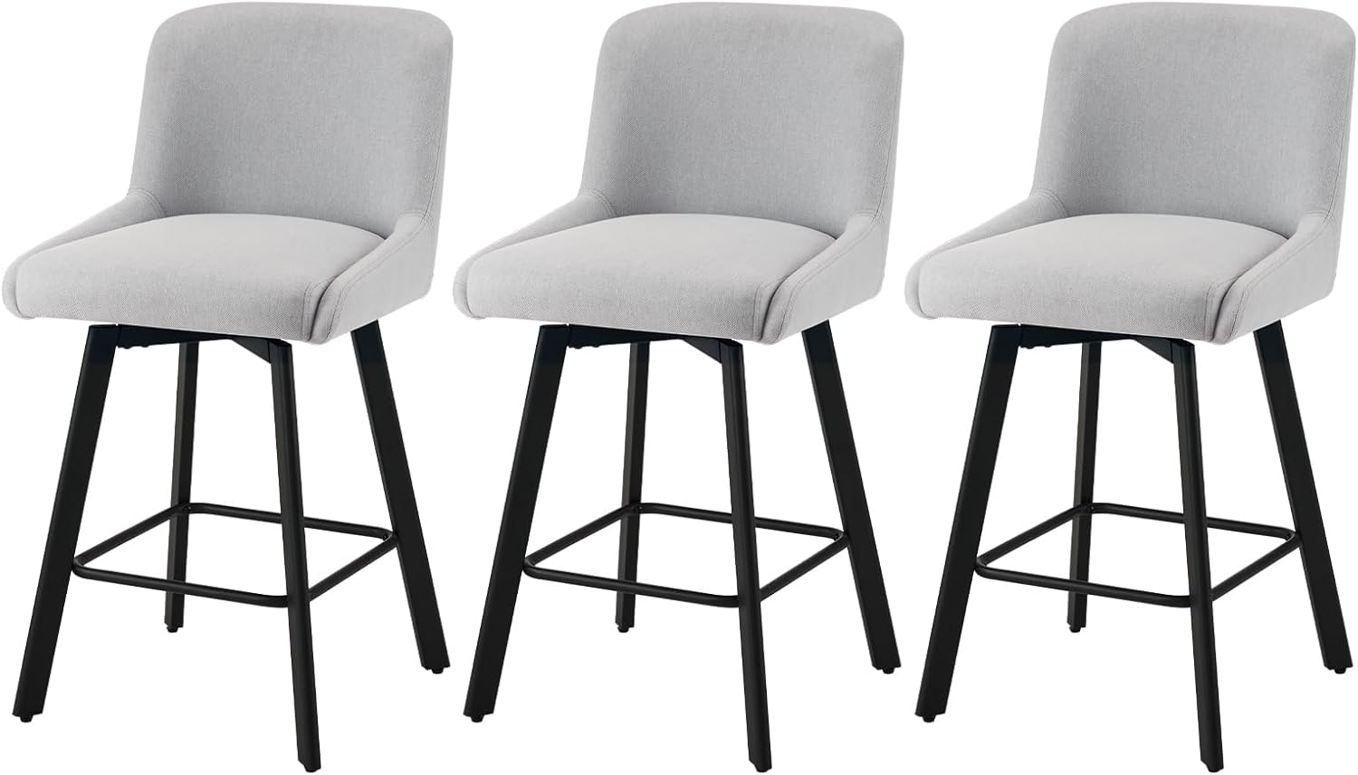 SAECKBERG Swivel Bar Stools Set of 3, 26''H Upholstered Barstools with Backs, Modern Counter Height Bar Stool Chairs for Kitchen Island, Metal Legs, Light Gray Fabric Counter Stools