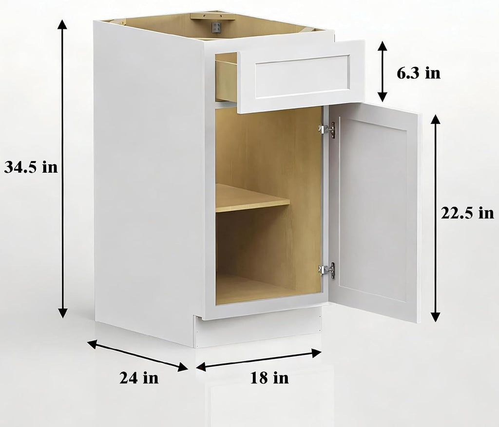 18 Inch White Shaker Kitchen Base Cabinet, RTA Plywood Box Storage with 1 Drawer & 1 Door, Solid Wood Dovetail & Soft-Close Hinges, 18" W x 24" D x 34.5" H