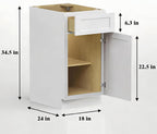 18 Inch White Shaker Kitchen Base Cabinet, RTA Plywood Box Storage with 1 Drawer & 1 Door, Solid Wood Dovetail & Soft-Close Hinges, 18" W x 24" D x 34.5" H
