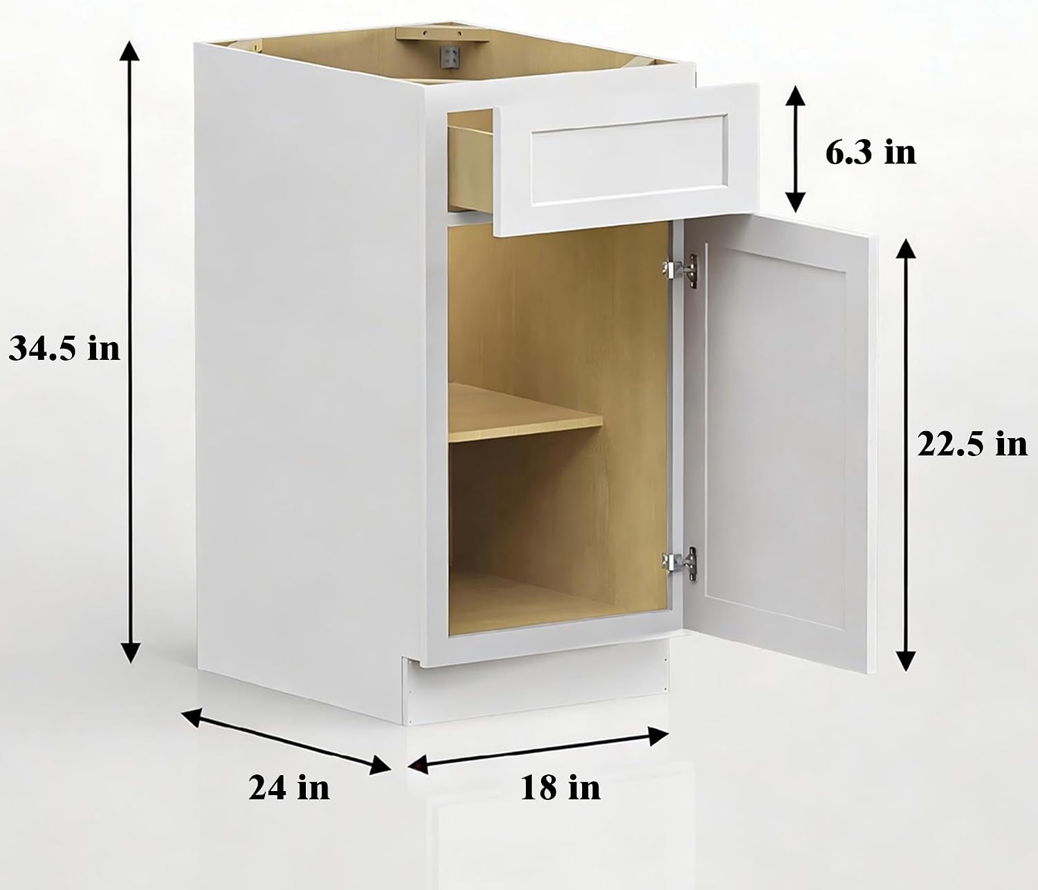 18 Inch White Shaker Kitchen Base Cabinet, RTA Plywood Box Storage with 1 Drawer & 1 Door, Solid Wood Dovetail & Soft-Close Hinges, 18" W x 24" D x 34.5" H