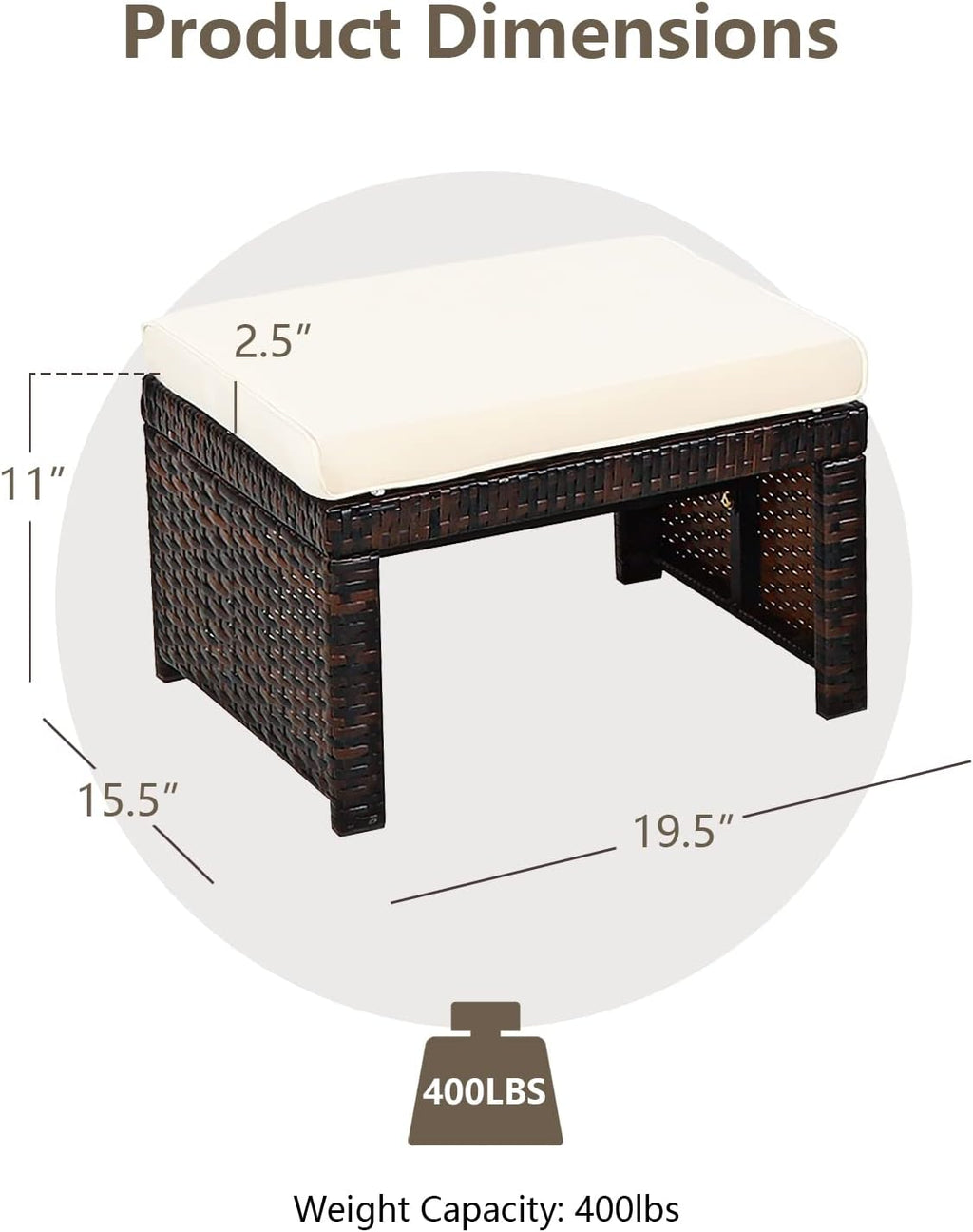 HAPPYGRILL 2 Piece Outdoor Wicker Ottomans, Patio Rattan Footstool with Cushions, Solid Steel Frame, Multifunctional Ottomans for Poolside Backyard Balcony