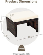HAPPYGRILL 2 Piece Outdoor Wicker Ottomans, Patio Rattan Footstool with Cushions, Solid Steel Frame, Multifunctional Ottomans for Poolside Backyard Balcony