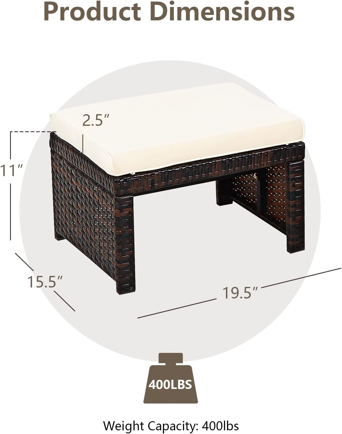 HAPPYGRILL 2 Piece Outdoor Wicker Ottomans, Patio Rattan Footstool with Cushions, Solid Steel Frame, Multifunctional Ottomans for Poolside Backyard Balcony
