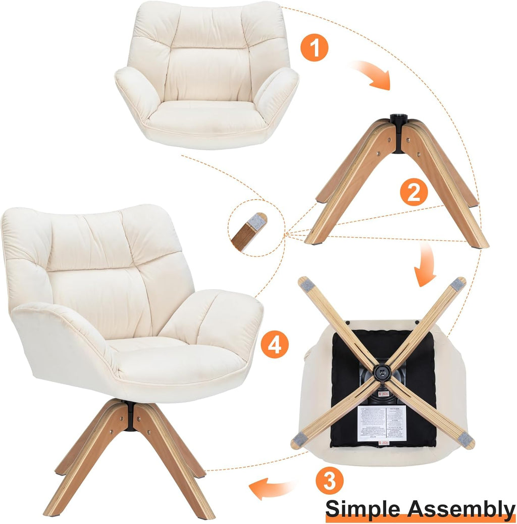 Mid Century Accent Chair No Wheel 360° Swivel Fabric Vanity Chair Wood Legs | Modern Cozy Vanity Chair No Wheel Wood Legs Upholstered Single Armchair for Living Room Bedroom Office Dining Room