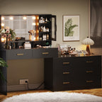 Makeup Desk with Drawers & Cabinet & Dresser, Black Vanity Table with Drawer Dresser, Large Vanity Table with 8 Drawers, Vanity Desk with Large Mirror and 3-Color Lights for Girls, Dressing Table 59"