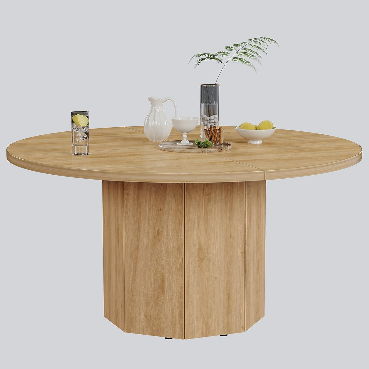 HSH 47” Round Dining Table for 4, Modern Farmhouse Wood Dinner Table with Octagon Pedestal Base, Circular Kitchen Dining Room Table for Home Apartment Living Room, Light Oak