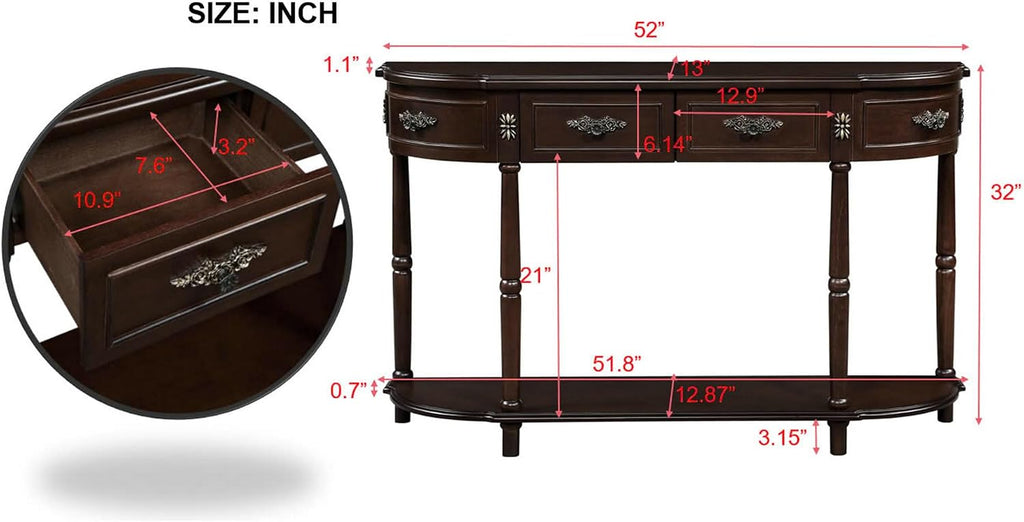 LUMISOL Retro Curved Sofa Table Behind Couch, Solid Wood Entryway Table with 2 Drawers and Open Shelf, 2 Tier Half Moon Console Table for Entrance Living Room, Espresso