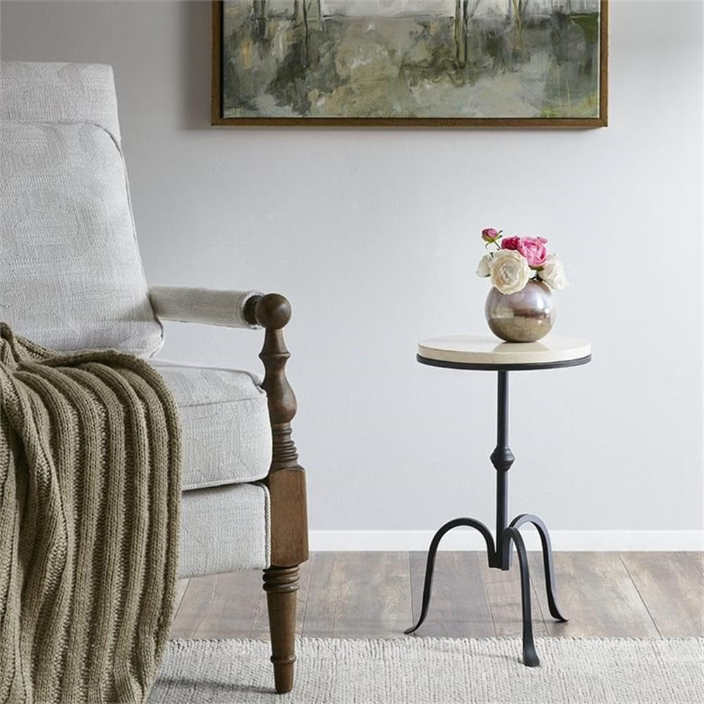 Pemberly Row Round Metal and Marble Accent Table, 11.75" Wide, Black Finish with Gold Edge, Genuine Marble Top, Pedestal Base, Industrial Style Living Room or Bedroom Side Table