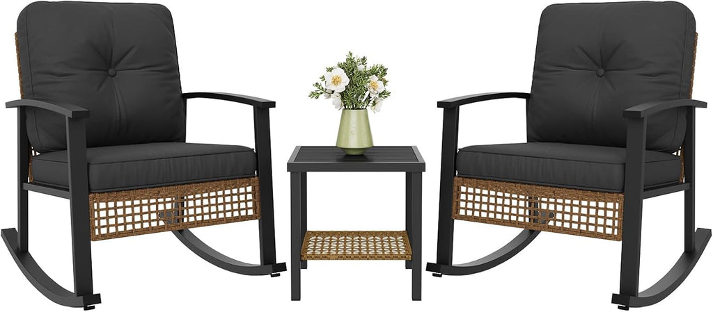 Aoxun 3 Piece Outdoor Rocking Chairs Bistro Set, Rattan Patio Furniture with Thick Cushions & 2-Tier Coffee Table, Patio Rocking Chairs Set of 2 for Garden, Porch, Balcony Black