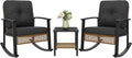 Aoxun 3 Piece Outdoor Rocking Chairs Bistro Set, Rattan Patio Furniture with Thick Cushions & 2-Tier Coffee Table, Patio Rocking Chairs Set of 2 for Garden, Porch, Balcony Black