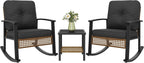 Aoxun 3 Piece Outdoor Rocking Chairs Bistro Set, Rattan Patio Furniture with Thick Cushions & 2-Tier Coffee Table, Patio Rocking Chairs Set of 2 for Garden, Porch, Balcony Black