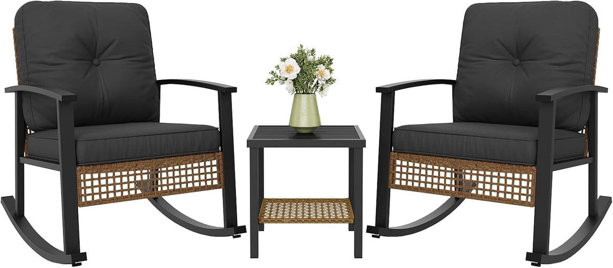 Aoxun 3 Piece Outdoor Rocking Chairs Bistro Set, Rattan Patio Furniture with Thick Cushions & 2-Tier Coffee Table, Patio Rocking Chairs Set of 2 for Garden, Porch, Balcony Black