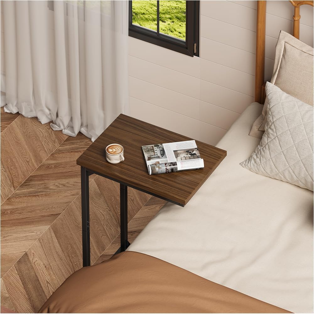 C-Shaped End Table,Small Side Tables for Sofa and Bedside，Sofa Table with Metal Frame for Sofa, Living Room, Bedroom, Office,Brown and Black