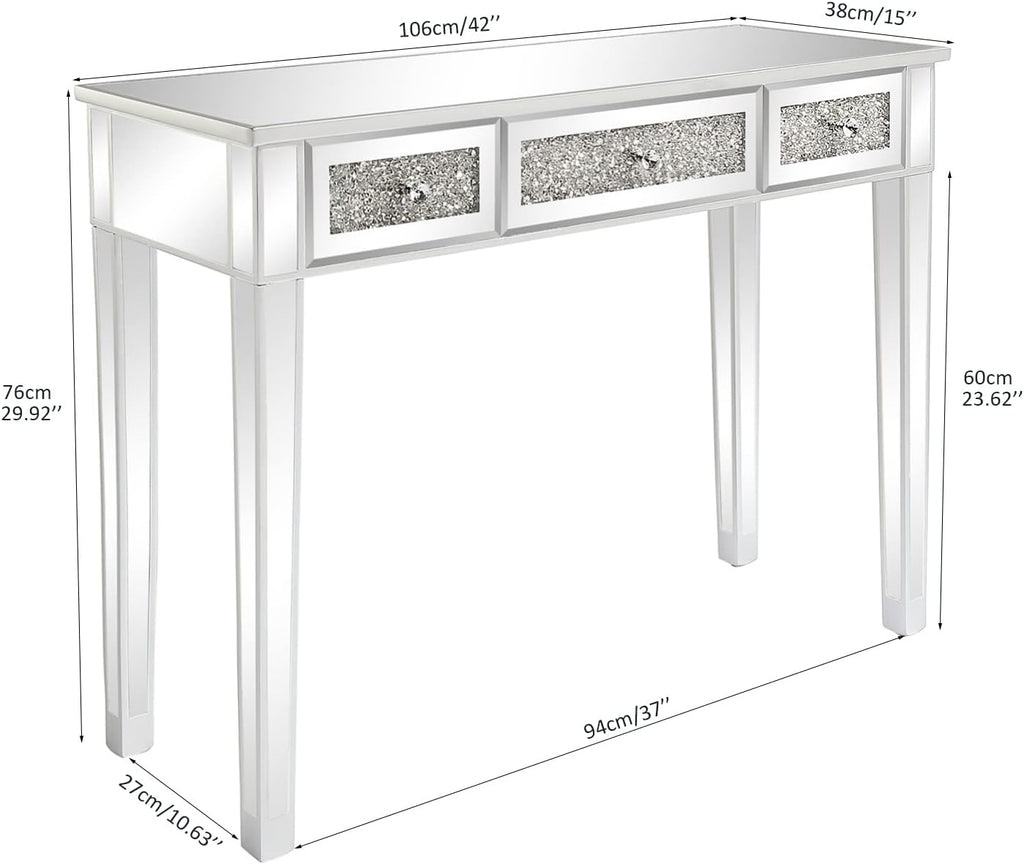 VINGLI Silver Mirrored Vanity Desk, Makeup Vanity Desk, Glass Desk with 3 Drawers, Glass Vanity for Women Girls Bedroom, Makeup Room & Office Writing Desk