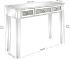 VINGLI Silver Mirrored Vanity Desk, Makeup Vanity Desk, Glass Desk with 3 Drawers, Glass Vanity for Women Girls Bedroom, Makeup Room & Office Writing Desk