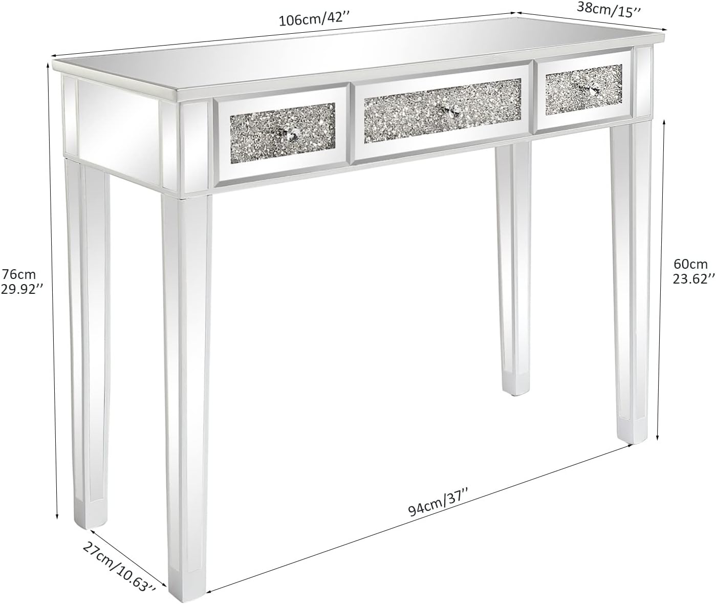 VINGLI Silver Mirrored Vanity Desk, Makeup Vanity Desk, Glass Desk with 3 Drawers, Glass Vanity for Women Girls Bedroom, Makeup Room & Office Writing Desk