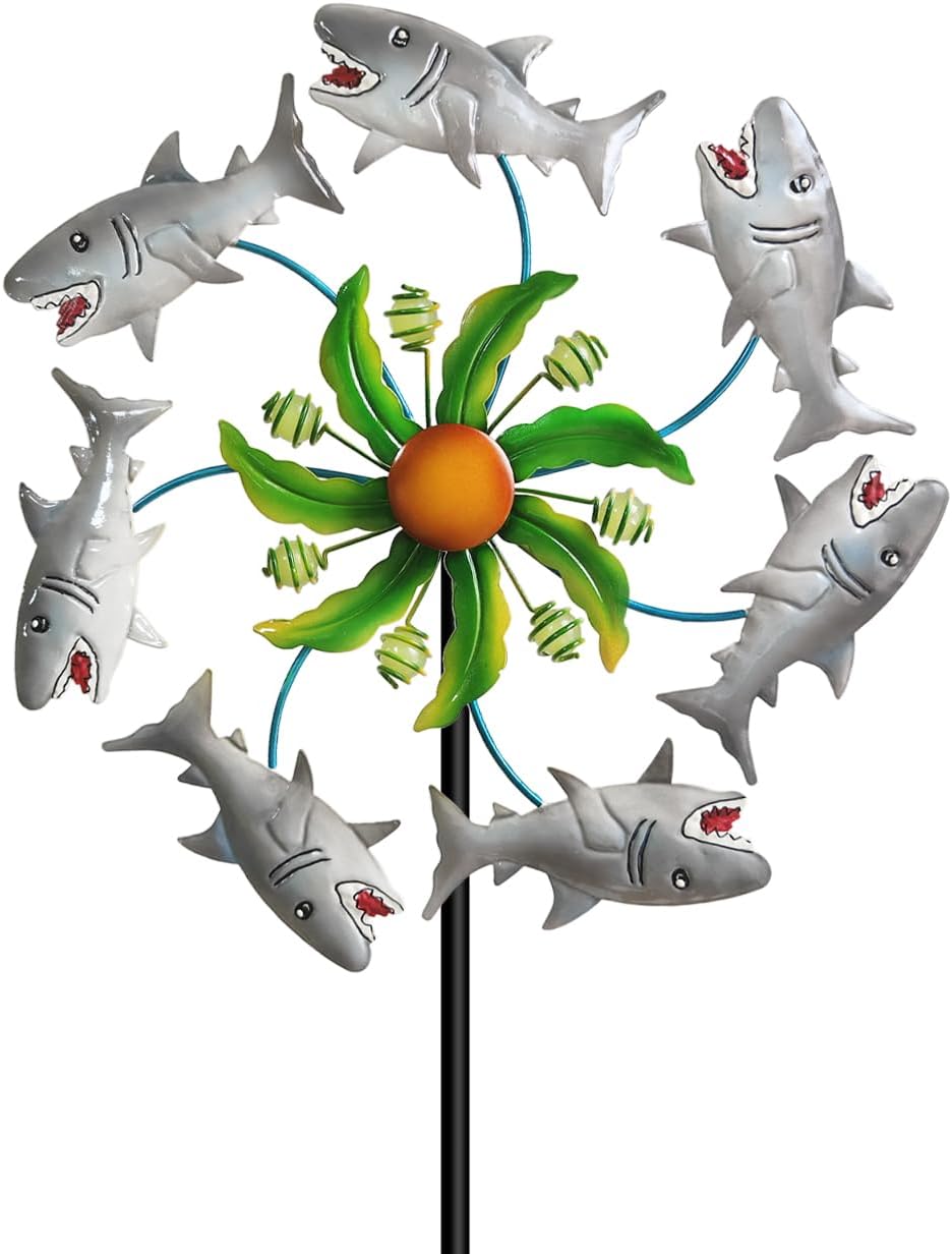 Shark Outdoor Wind Spinners - 39" Ocean-Themed Metal Wind Sculptures Garden Stake Art, 13.5” Windmill Yard Kinetic, Outdoor Decor for Patio & Lawn - Metal Beach Sculpture with Shark Design